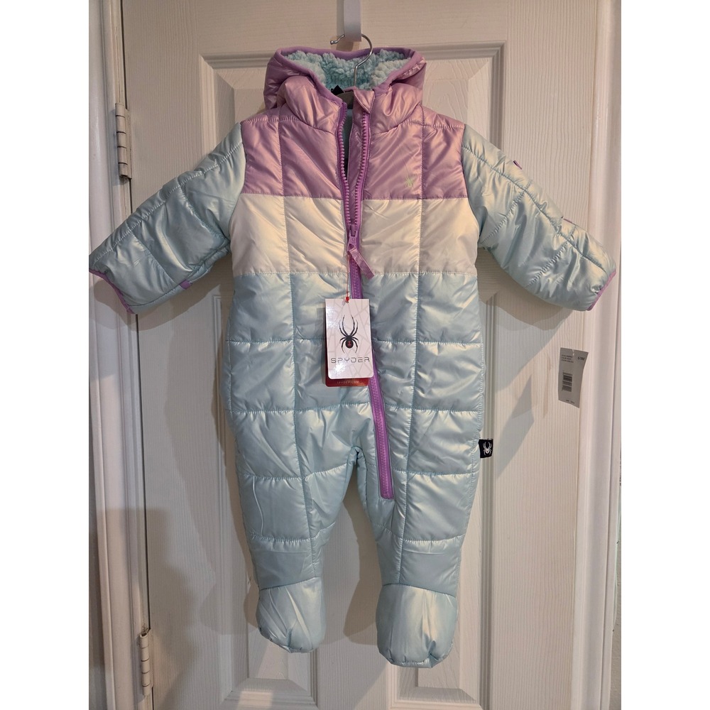 Spyder Infant Bunting Snowsuit Aqua Purple Colorblock Fleece Lined 6/9M NEW